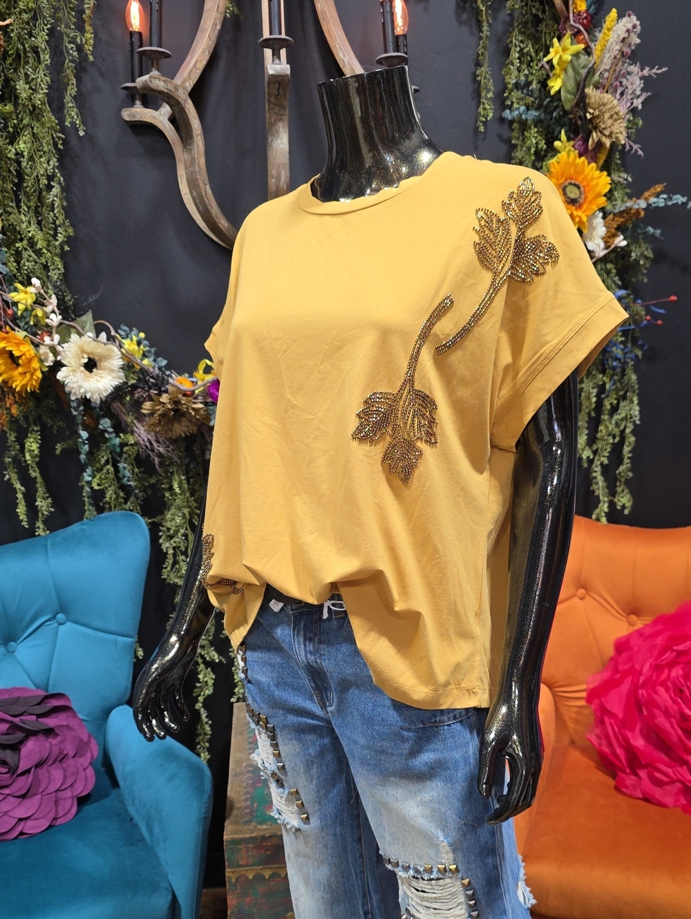 Love & Lace Mustard Beaded Embellished Short Sleeve Blouse
